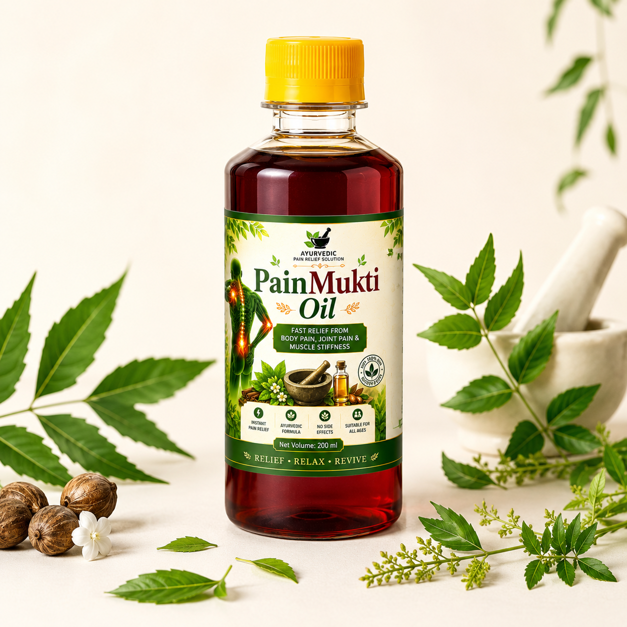 Pain Mukti Oil 100ml and 200ml sizes - travel size and value size Ayurvedic pain relief